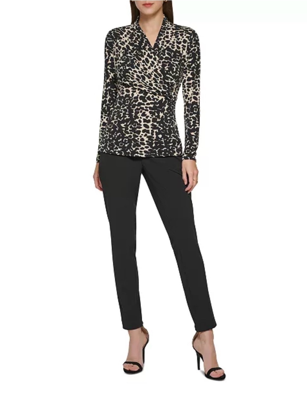 NWT DKNY Black and Cream Animal Print Wrap-Front Blouse